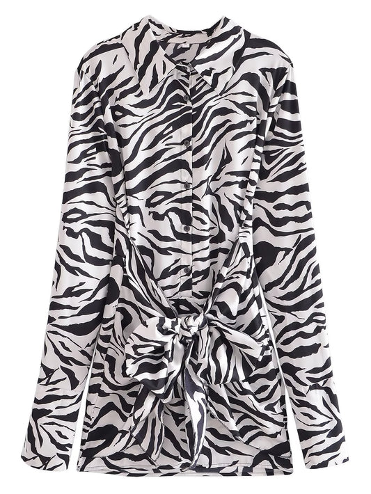 V neck Straight Slim Slimming Animal Print Short Long Sleeve Dress