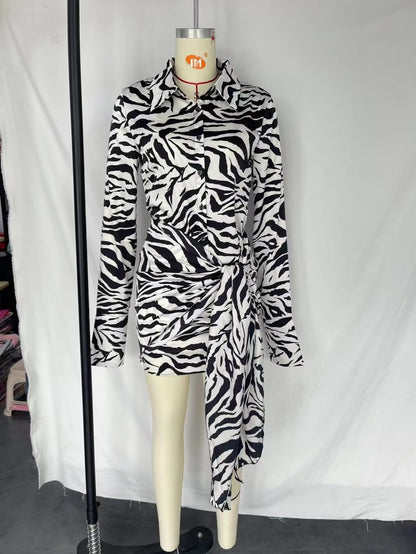 V neck Straight Slim Slimming Animal Print Short Long Sleeve Dress