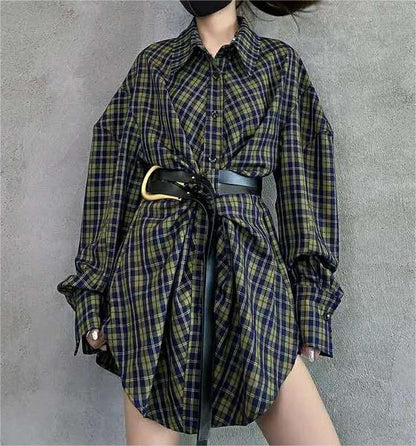 Autumn Winter Plaid Shirt Women Loose Korean Retro with Belt Mid Length Shirt Dress Top