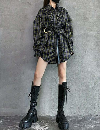 Autumn Winter Plaid Shirt Women Loose Korean Retro with Belt Mid Length Shirt Dress Top