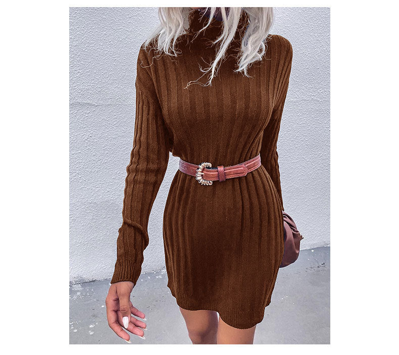 Autumn Winter Women Wear Sunken Stripe Turtleneck Long Sleeve Loose Sweater Dress