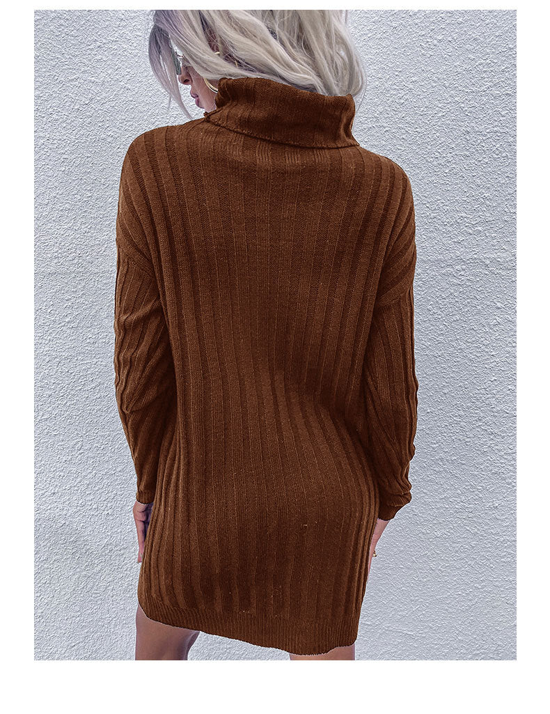 Autumn Winter Women Wear Sunken Stripe Turtleneck Long Sleeve Loose Sweater Dress