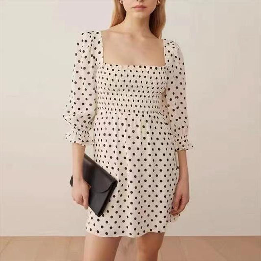 Summer Women Printed Square Collar Polka Dot Printed Back Lace up Cropped Sleeve Dress