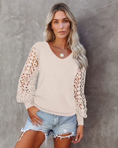 Autumn Women Hollow Out Cutout out Long Sleeve V neck Pullover Top Wild T Sweatshirt