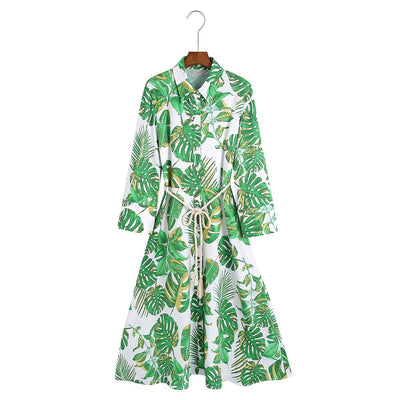 Autumn Collared Tied Tight Waist Tropical Printed Long Sleeve Dress