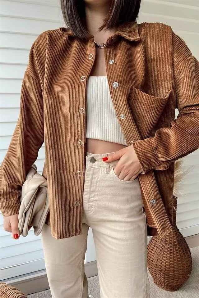 Casual Brown Corduroy Shirt Simple Collared Mid Length Coat Early Autumn Net Pocket Women Top