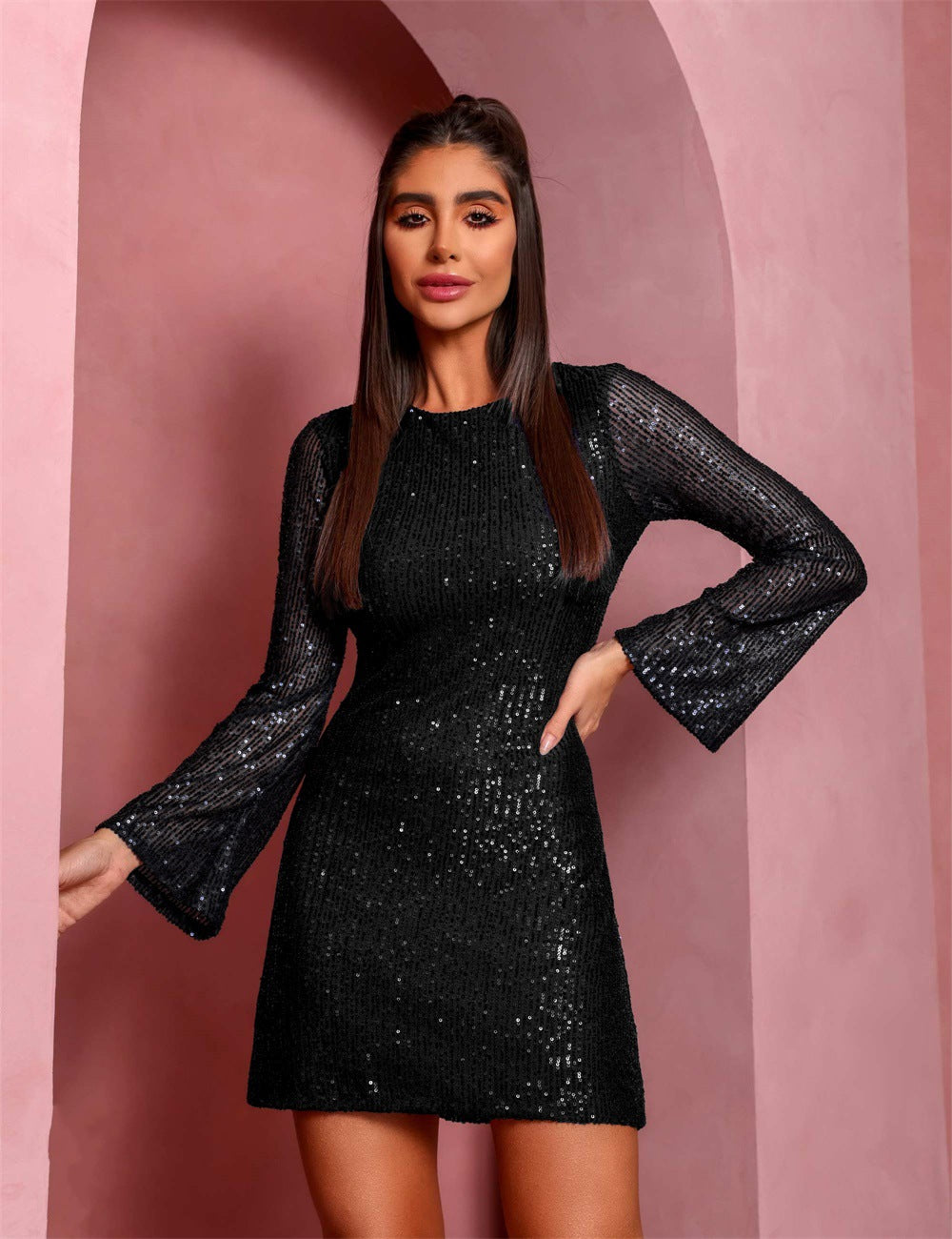 Sequined Elegant Slim Fit Sexy See through High Waist Backless A line Dress