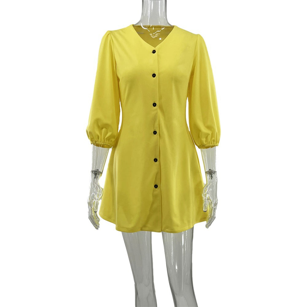 Loose V neck Casual Solid Color Mid Length Long Sleeve Shirt Dress