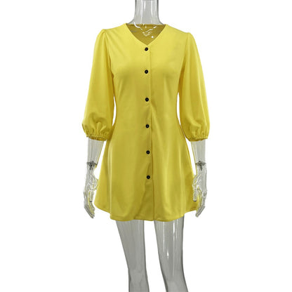 Loose V neck Casual Solid Color Mid Length Long Sleeve Shirt Dress