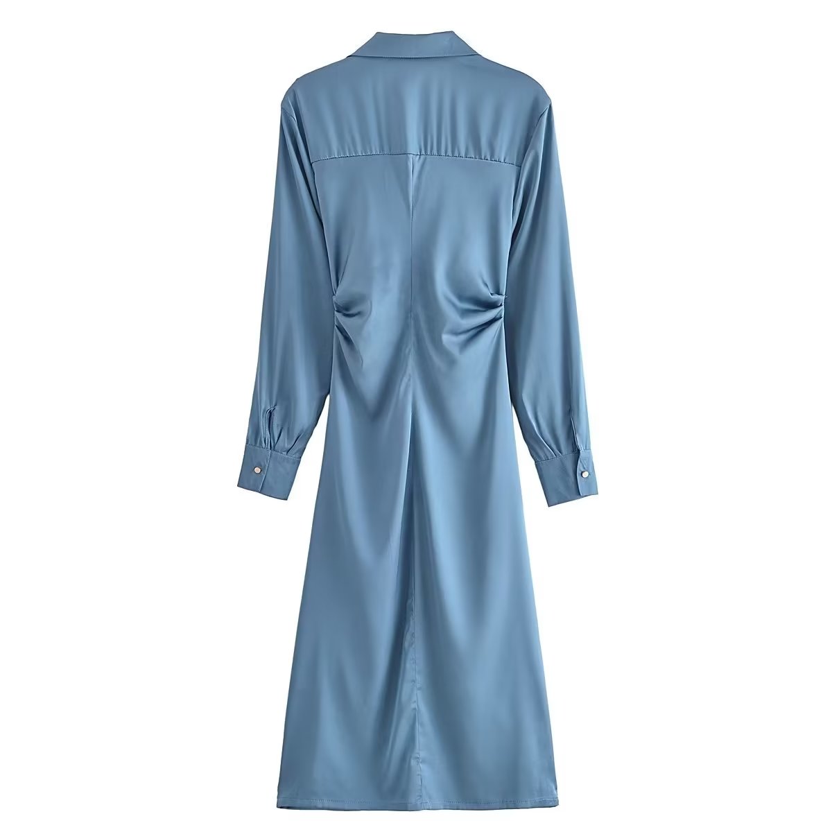 Women Clothing Summer Pleated Decorative Silk Satin Textured Shirt Dress