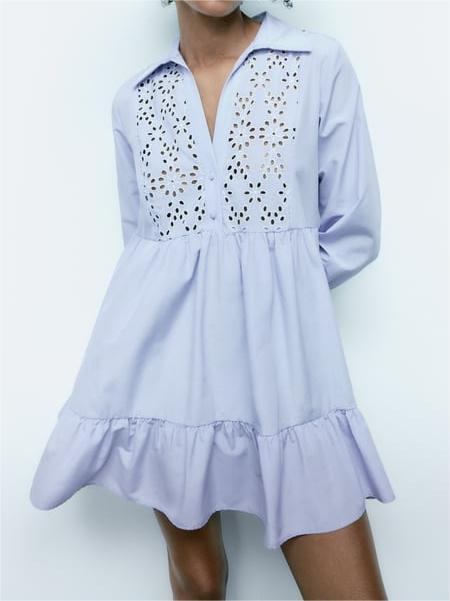 Spring Summer Simplicity Blue Shirt Collared Ruffled Layered Loose Dress Women