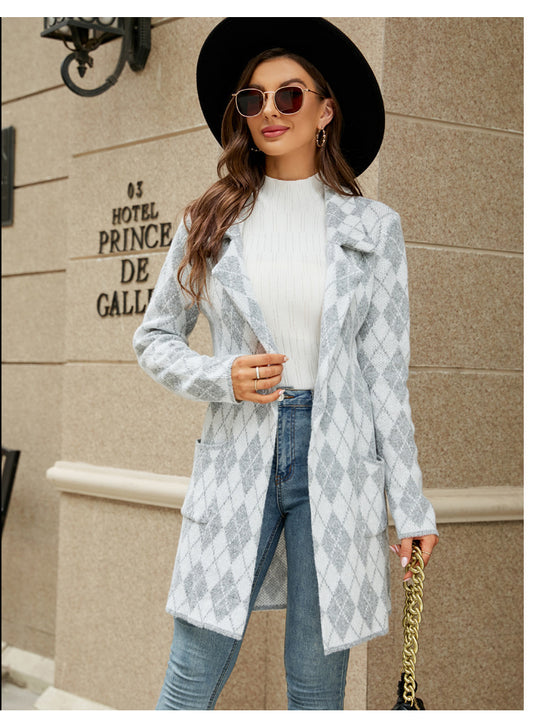 Autumn Winter Long  Contrast Color Houndstooth Knitted  Office Collar Trench Coat Outerwear