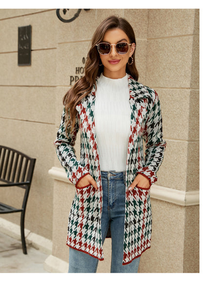 Autumn Winter Long  Contrast Color Houndstooth Knitted  Office Collar Trench Coat Outerwear