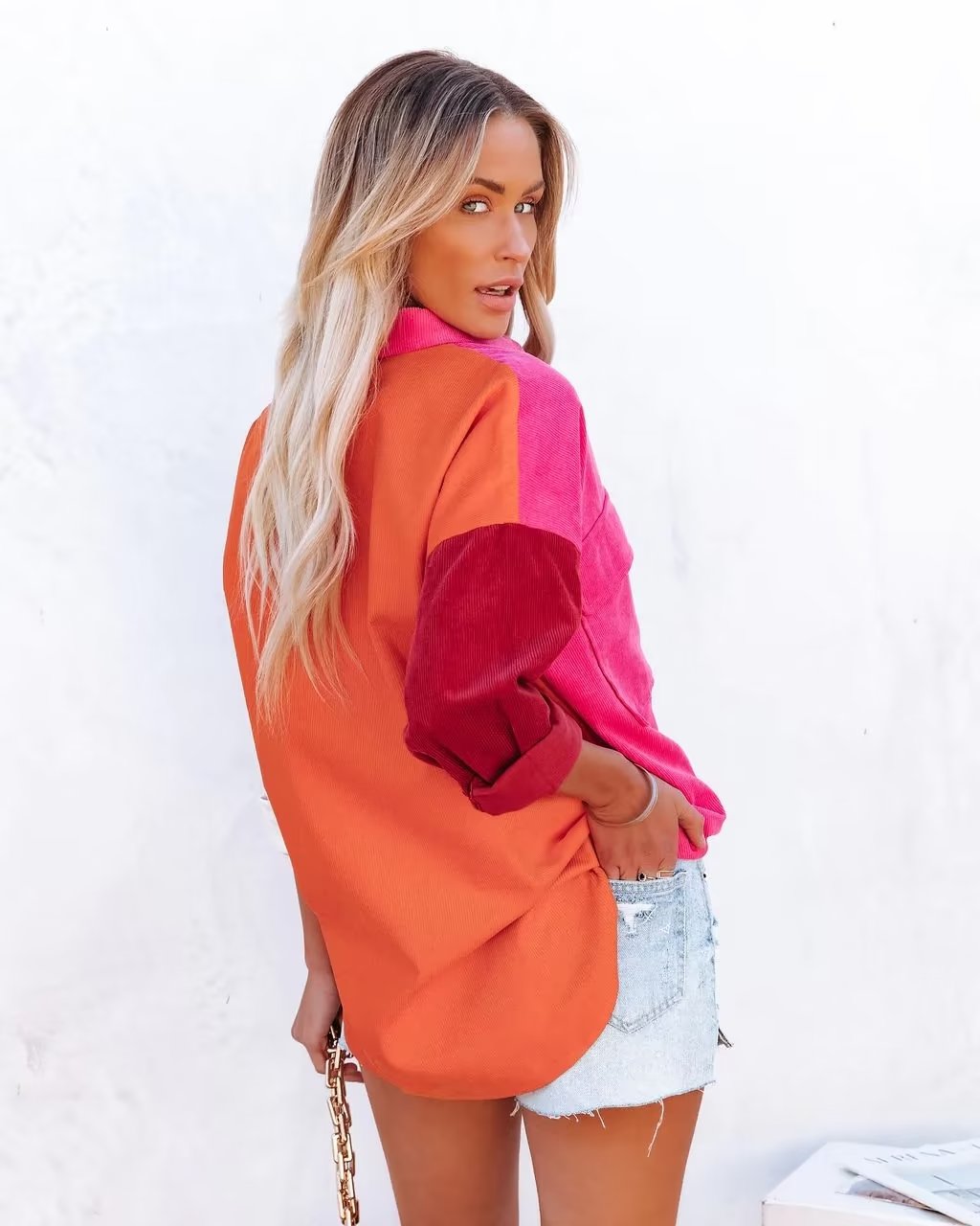 Summer Women Clothing Tooling Long Sleeve Solid Color Shirt Color Block  Casual Coat Outerwear