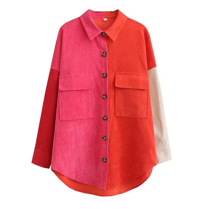 Summer Women Clothing Tooling Long Sleeve Solid Color Shirt Color Block  Casual Coat Outerwear