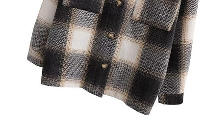 Fall Women Clothing Fashionable Pocket Shirt Plaid Coat