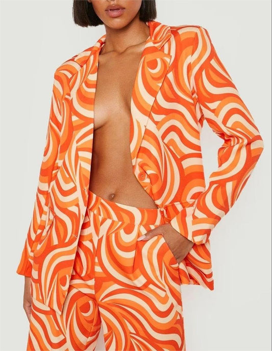 Summer Drawstring Printed Blazer Elastic Long Sleeve Women