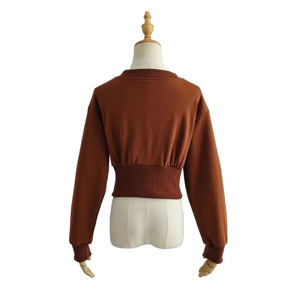 V neck Boning Corset Boning Corset Waist Controlled Long Sleeves Sweater Women Early Spring Street Short Top