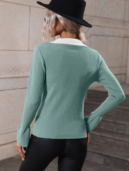 Autumn Winter Pullover Sweater Women Bell Sleeve Collared Sweater