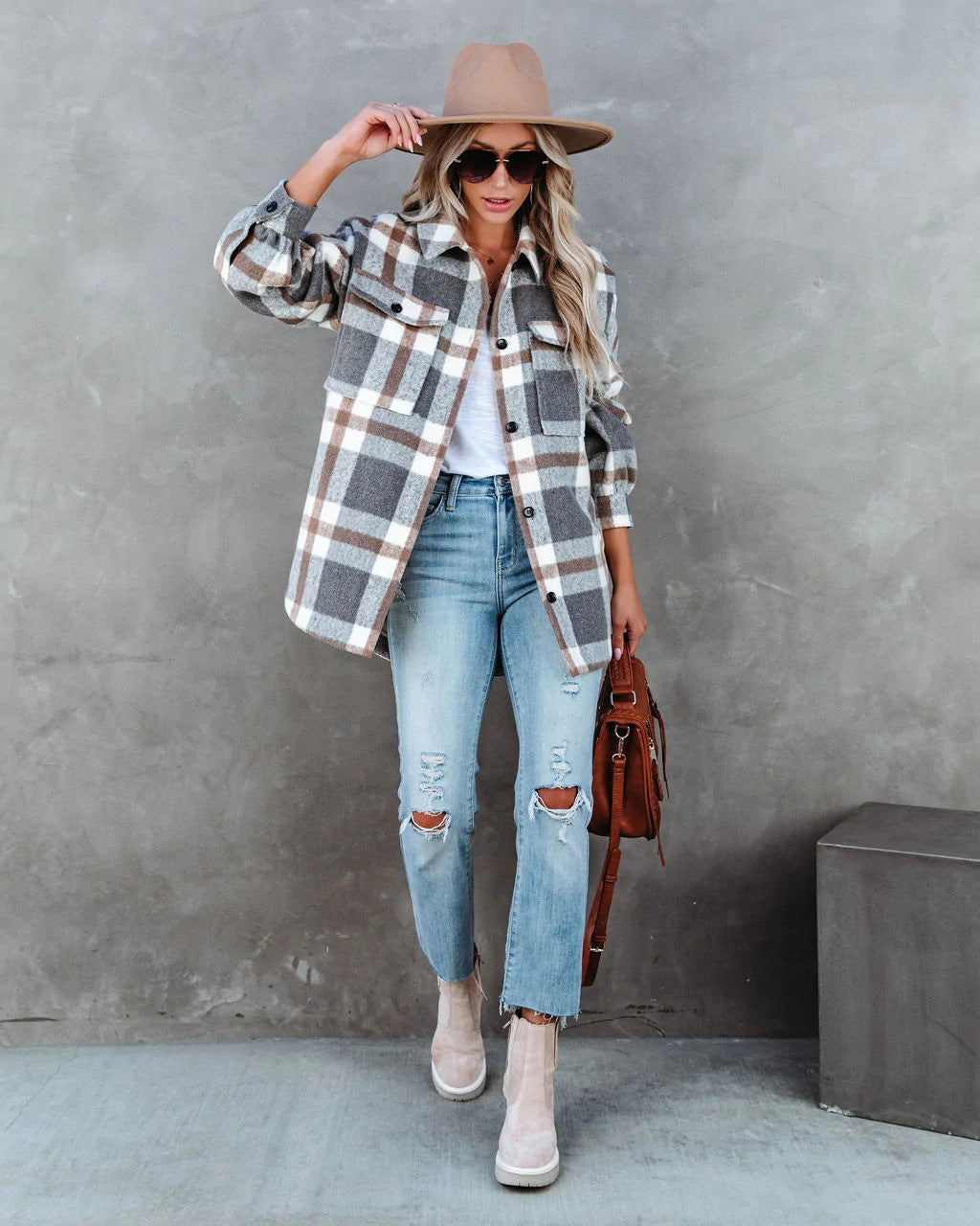 Casual Autumn Winter Plaid Brushed Collared Jacket