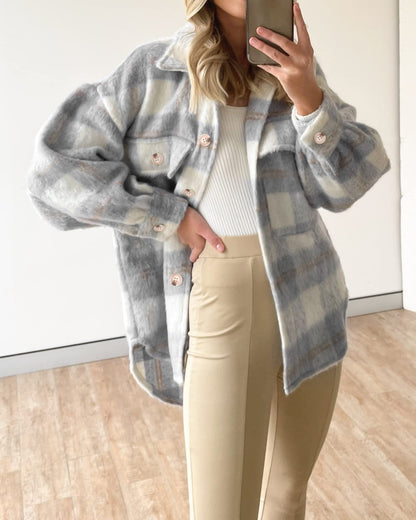 Autumn Winter Women Plaid Mohair Coat Woolen Thick Coat