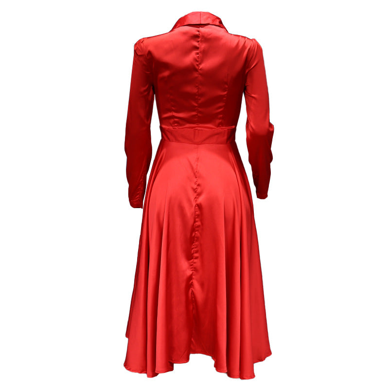 Women Clothing Autumn New Waist-Tight Elegant Big Hem Black Median to Maxi Dress