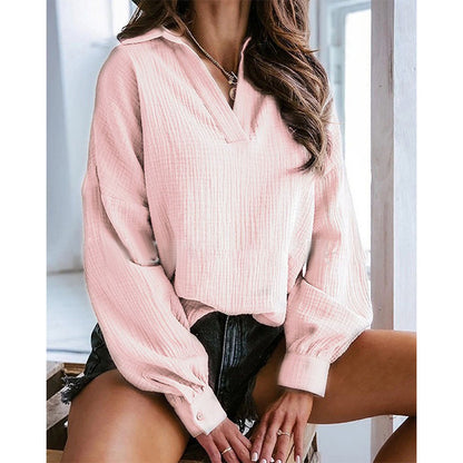 Autumn Winter Polo Collar Lantern Long Sleeve Solid Color Shirt Women Top