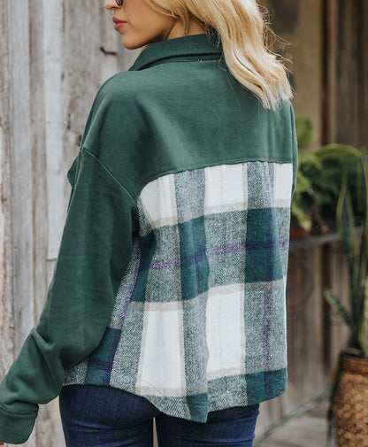 Autumn Winter Ladies Coat Cotton  Woolen Plaid Stitching Multi Pocket Jacket