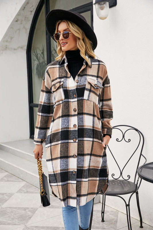 Women Clothing Popular Long Sleeve Loose Plaid Shirt Woolen  Long