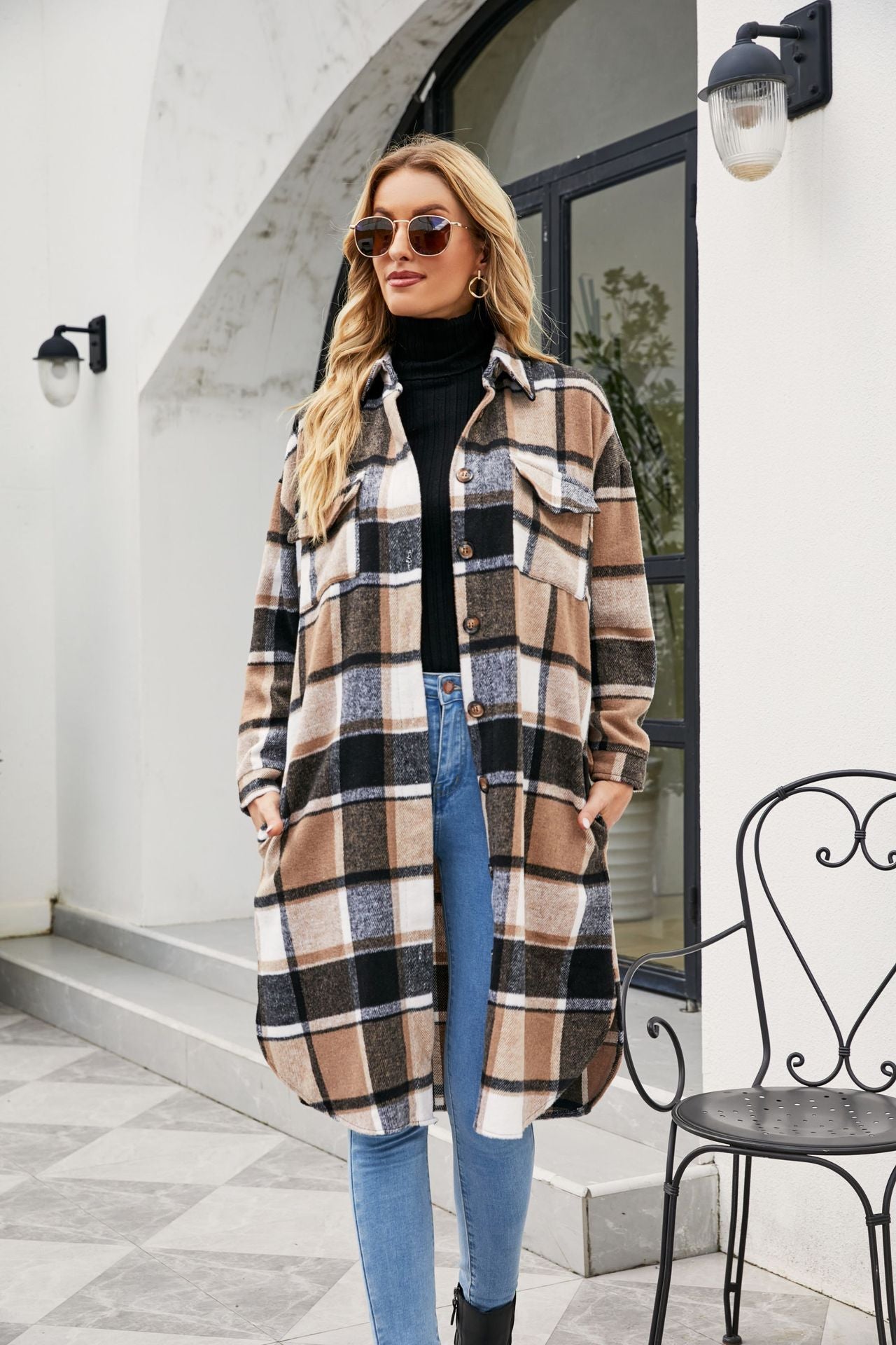 Women Clothing Popular Long Sleeve Loose Plaid Shirt Woolen  Long