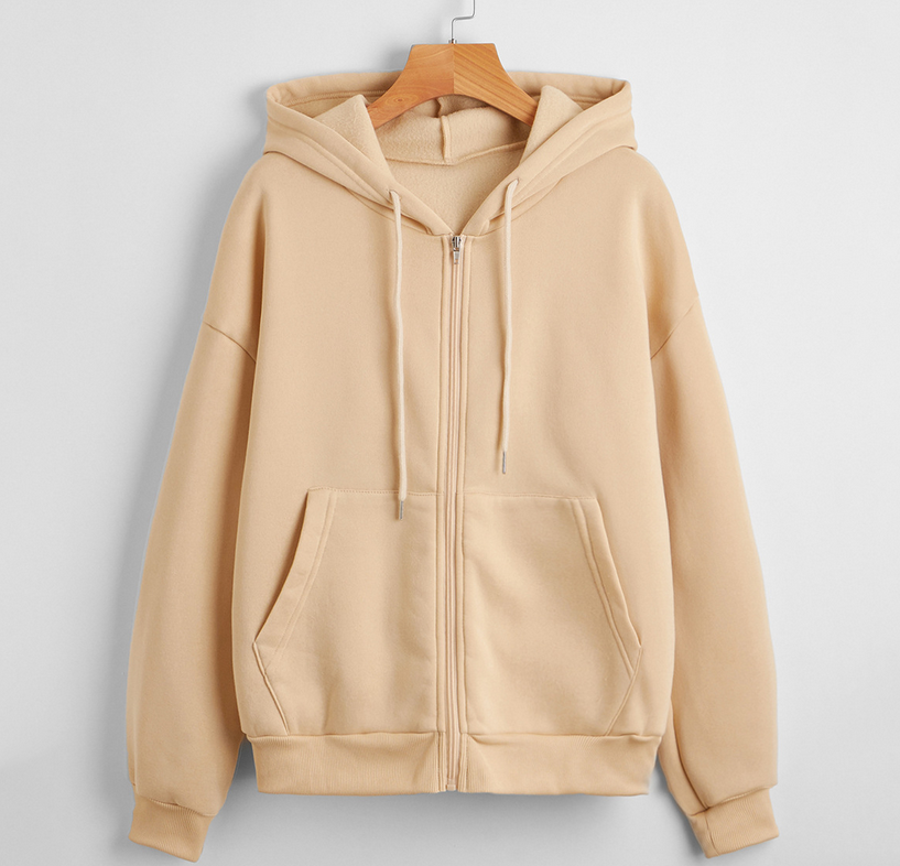 Autumn Winter Fleece Lined Women Solid Color Long Sleeved  Zipper  Urban Casual Comfortable Loose  Women Hoodies