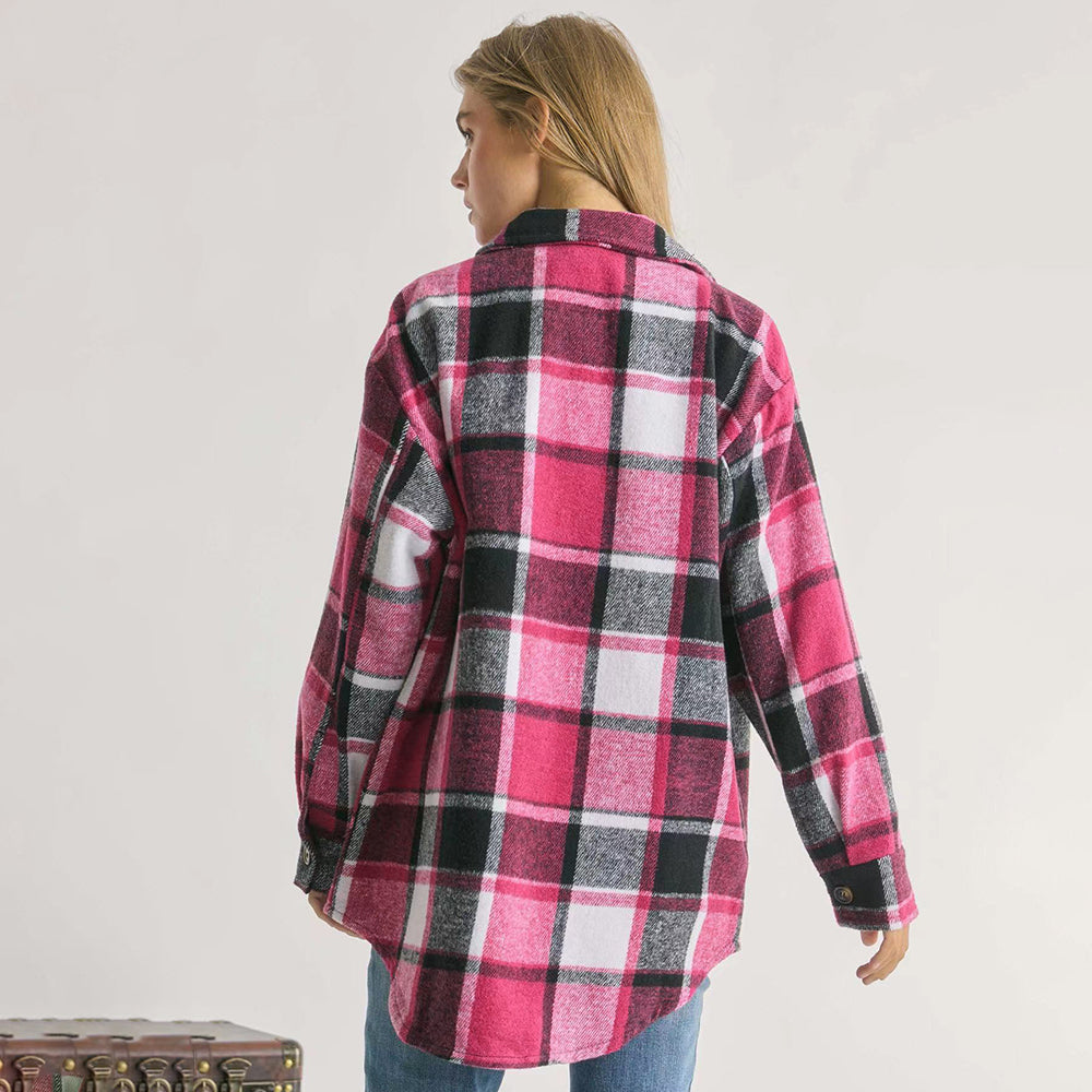 Popular Contrast Color Lapels Plaid Top Autumn Winter Casual Plaid Shacket