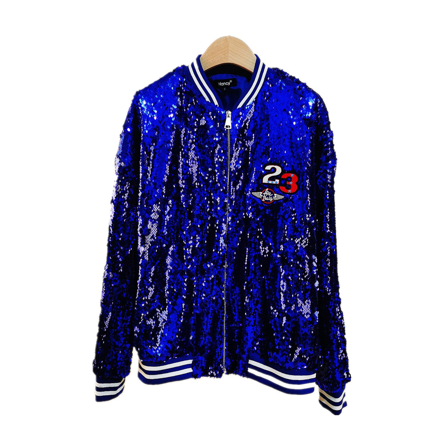 Sapphire Blue Stage Costume Cool Hip Hop Varsity Jacket Heavy Embroidery Sequ Baggy Coat Women