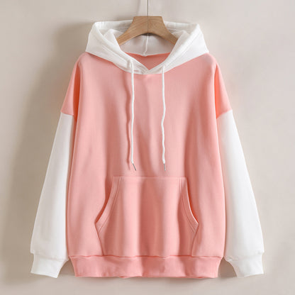 Fleece Lined Thickened Hooded Color Matching Hoodie Women Fashionable Autumn Winter Korean Contrast Color  Delivery