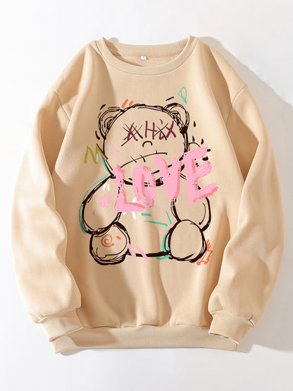 Spring Autumn High End Thin round Neck Skin Color Fleece Trendy Cartoon Cartoon Korean Urban Casual Pullover Women