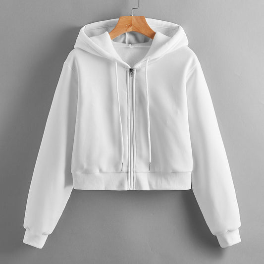 Autumn Street Hipster Hooded Short  Cotton White round Neck Cute Solid Color Pullover Hoodie