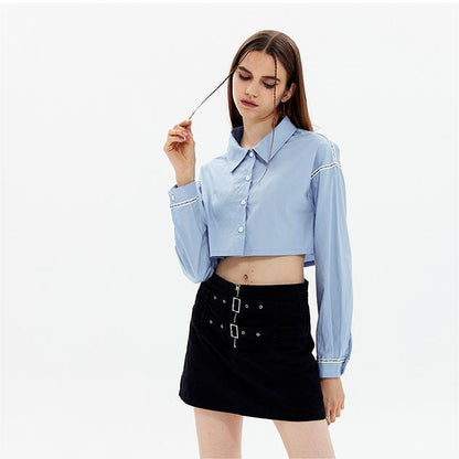 Fashionable Ribbon Blue Short cropped Long Sleeve Shirt Collared Sweet Autumn Top for Women