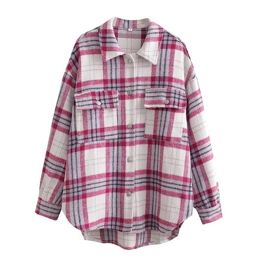 Chic Pink Plaid Coat Korean Women Clothing Autumn Casual Loose Wool