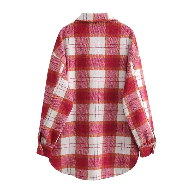 Chic Pink Plaid Coat Korean Women Clothing Autumn Casual Loose Wool