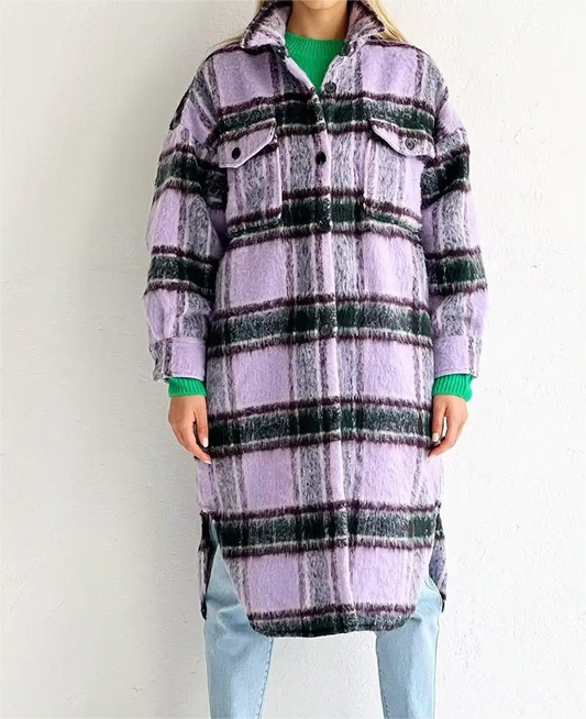 Autumn Winter Purple Plaid Wool Coat Women Students Korean Thick Loose Slimming Woolen Overcoat