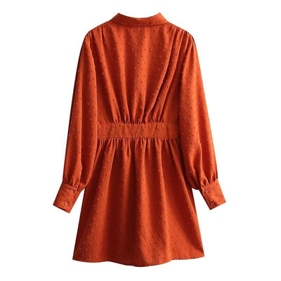Summer Women Clothing Collared Long Sleeve Elastic Waisted Slimming Solid Color Shirt Dress for Women