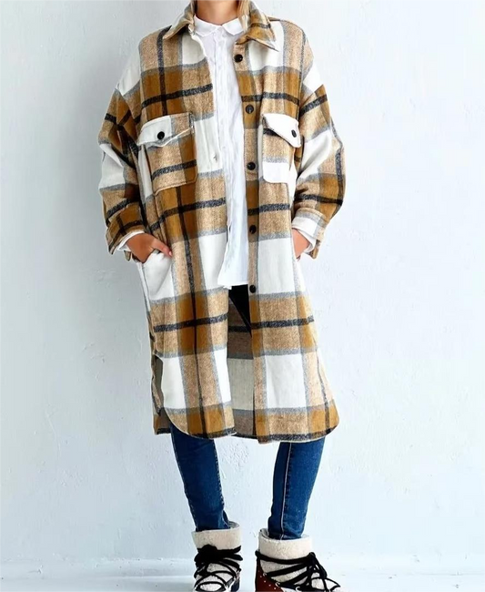 Women Casual Plaid Loose Long Sleeves Long Woolen Coat Overcoat