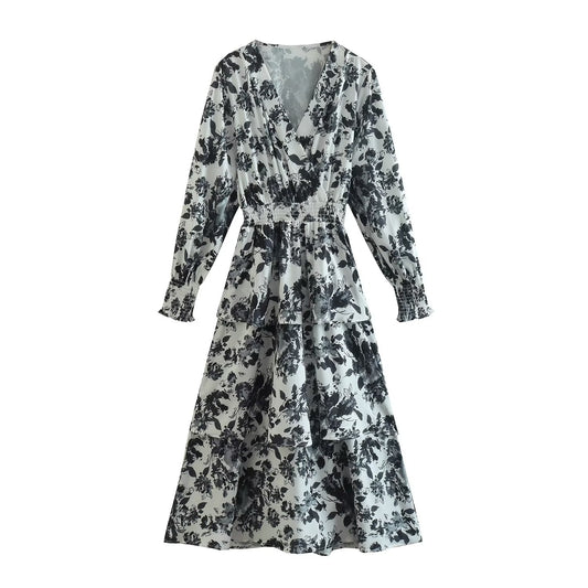 Sexy Waist Trimming V Collar Long Sleeve Laminated Ruffled Printed Dress