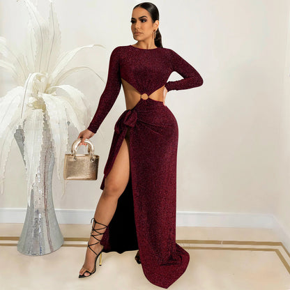 Long Sleeve Cutout out Strap Irregular Asymmetric Slit Maxi Dress