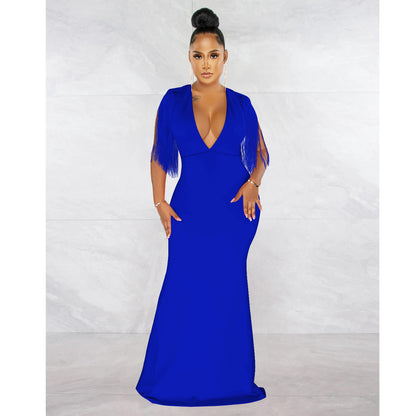 Women Wear Solid Color V neck Tassel Sleeveless Maxi Dress Women