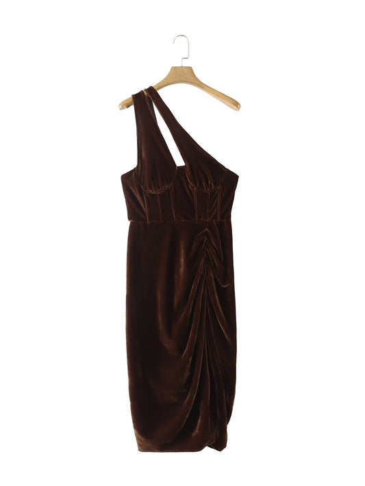 Women Clothing Spring One Shoulder Brown Slim Fit Slit Velvet Dress