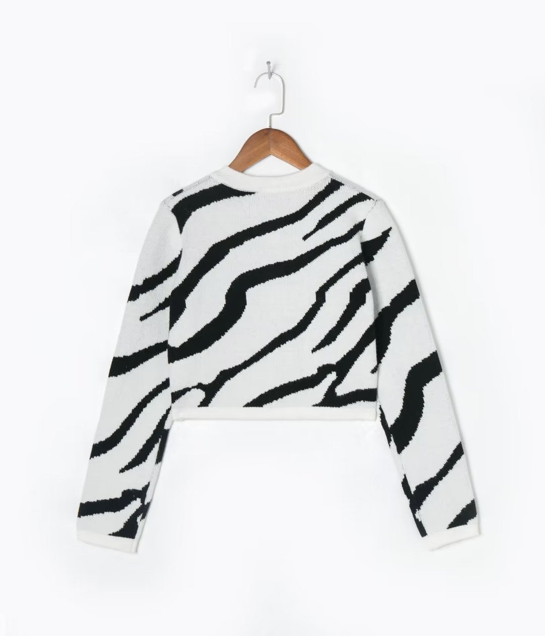 Autumn High Waist Cropped Long Sleeves Cardigan Sweater Retro Animal Pattern Contrast Color round Neck Sweater