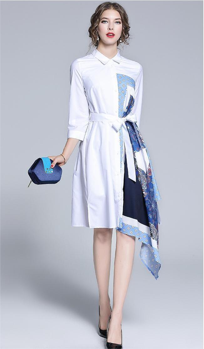 Women New Patchwork Printed Irregular Asymmetric 3/4 Sleeve Dress Delivery Belt
