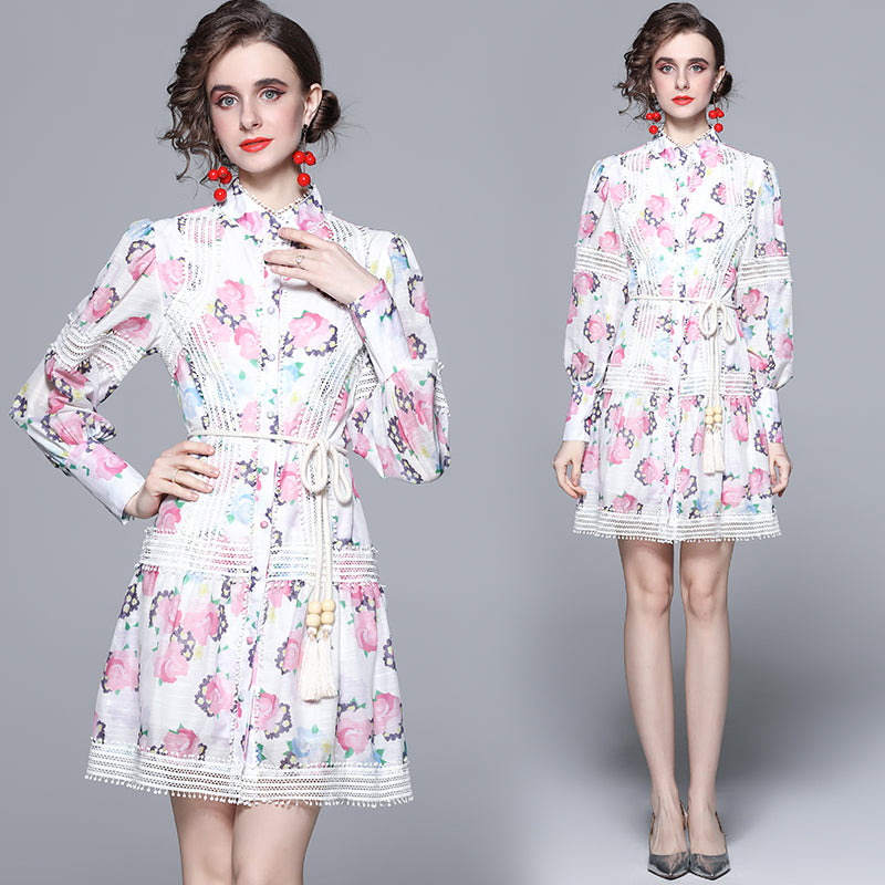 Women New French Elegant Temperament Linen Print Stitching Lace Slim Western Sweet Dress
