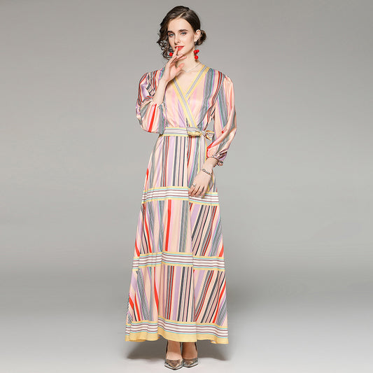 Women Clothing V Neck Regular Sleeve Tie Elegant Printed Maxi A Line Wrap Dress